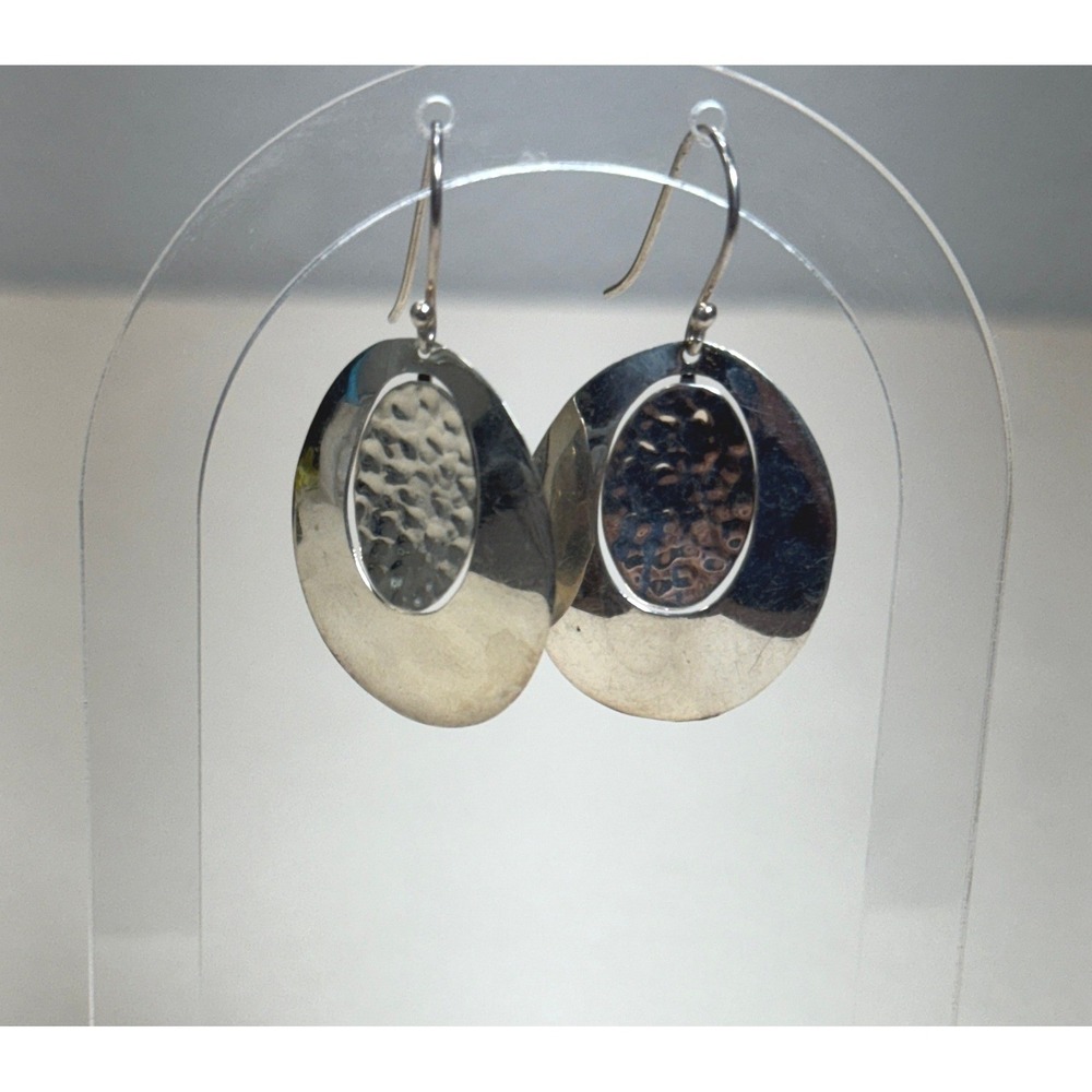 Mexico 925 Sterling Silver Hammered Oval Drop Earrings Dangle Shepherd Hook GUC